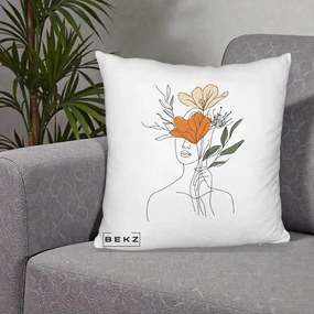 Perna Decorativa Portret Feminin Coroana Florala, 40x40 cm, Alb Pufos, Husa Detasabila, Perna Inclusa, BEKZ®