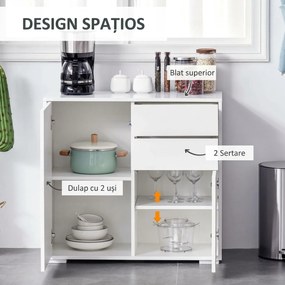 HOMCOM Comodă Elegantă cu Deschidere Touch, 2 Dulapuri și 2 Sertare, pentru Living și Dormitor, 79x36x74cm, Alb Lucios | Aosom Romania