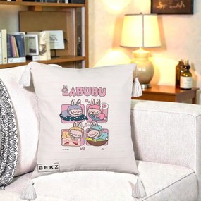 Perna Personalizata Labubu Sleeping Quad Grid, 40x40 cm, Bej cu Franjuri, Husa Detasabila, Perna Inclusa, BEKZ®
