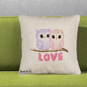 Perna Decorativa Love Bufnite Indragostite pe Crenguta Roz si Mov, 40x40 cm, Bej Canapea, Husa Detasabila, Perna Inclusa, BEKZ®