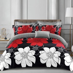 Lenjerie de pat cu elastic, policoton, pat 2 persoane, rosu / negru, 4 piese, E-66