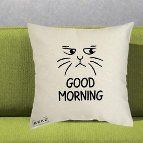 Perna Decorativa Pisica Morocanoasa Good Morning, 40x40 cm, Ecru, Husa Detasabila, Perna Inclusa, BEKZ®