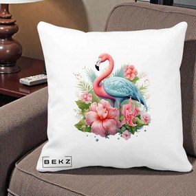 Perna Decorativa Flamingo cu Hibiscus Tropical, 40x40 cm, Alba Mata, Husa Detasabila, Perna Inclusa, BEKZ®