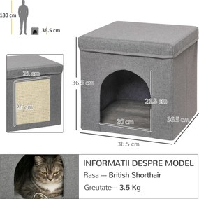 PawHut Căsuță Pliabilă pentru Pisici în Formă de Cub cu Pernă și Tăviță de Zgâriat, 36.5x36.5x36.5 cm, Gri | Aosom Romania