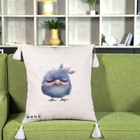 Perna Decorativa Pui Adormit Albastru, 40x40 cm, Bej cu Franjuri, Husa Detasabila, Perna Inclusa, BEKZ®