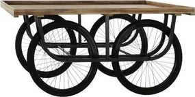 Masă consolă industrială din lemn și metal, natur și negru, cu blat cu bordură și patru roți de bicicletă, 75 x 160 x 80 cm, „Market”