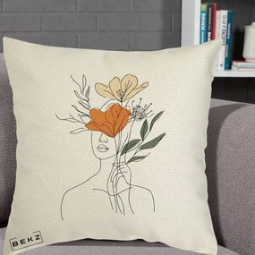 Perna Decorativa Portret Feminin Coroana Florala, 40x40 cm, Ecru, Husa Detasabila, Perna Inclusa, BEKZ®
