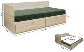 Canapea extensibilă Menetas (Stejar nisipiu + Verde închis) (cu somieră și saltea) (cu sp. depozitare). 1098584