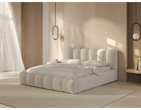 Pat matrimonial crem tapițat cu spațiu de depozitare cu somieră 200x200 cm Lupine – Micadoni