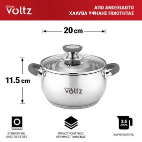 Oala Oliver Voltz OV51210N20, 20 cm, 3,5 l, Inductie, Manere din silicon gri, Inox/Gri