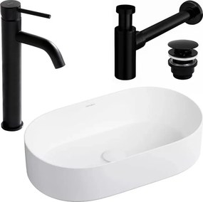 Pachet lavoar pe blat Rea Mesa alb 53.5 cm, baterie lavoar Rea Lungo negru si ventil lavoar Click-Clack negru