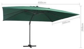 Umbrela suspendata cu LED si stalp aluminiu verde 400x300 cm Verde, 400 x 300 cm