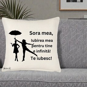Cadou pentru Sora - Perna Personalizata Sora Mea Te Iubesc Siluete Negre cu Umbrela, 40x40 cm, Crem Reliefat, Husa Detasabila, Perna Inclusa, BEKZ®