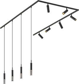 Sistem de iluminat pe șină modern negru cu 6 spoturi și 4 lumini suspendate monofazate - Slimline Uzzy Loyce
