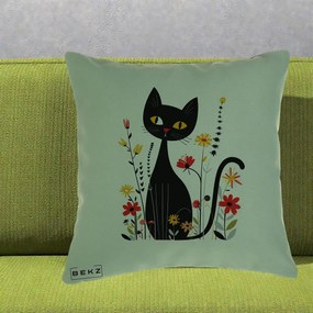 Perna Decorativa Pisica Neagra Ochi Galbeni Flori, 40x40 cm, Verde, Husa Detasabila, Perna Inclusa, BEKZ®