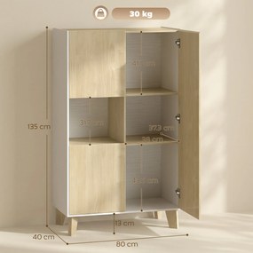 HOMCOM Bufet pentru living, mobilier de depozitare cu 6 compartimente și uși cu închidere amortizată, 80x40x135cm, alb și lemn natural | Aosom Romania