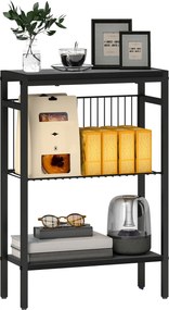 HOMCOM Masă laterală, design în 3 niveluri, rafturi cu aspect lemn, cadru din oțel, negru | Aosom Romania