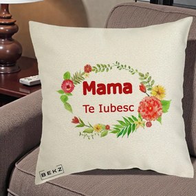 Cadou pentru Mama - Perna Personalizata Mama Te Iubesc Flori Rosii, 40x40 cm, Ecru, Husa Detasabila, Perna Inclusa, BEKZ®