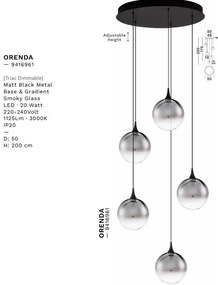 Lustra moderna cu 5 pendule LED, Metal, Sticla, Fumuriu, ORENDA