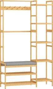 HOMCOM Cuier cu raft pentru pantofi, cârlige pentru haine, suport pentru paltoane, bancă cu pernă, pentru hol, intrare, lemn natural | Aosom Romania