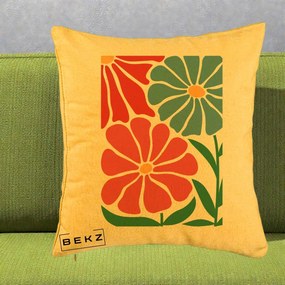 Perna Decorativa Flori Grafice Rosu-Albastru, 40x40 cm, Galben, Husa Detasabila, Perna Inclusa, BEKZ®