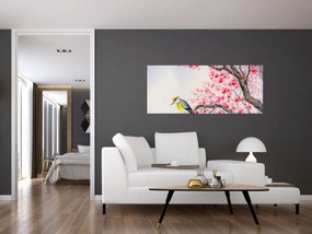 Tablou - Pasăre pe un copac cu flori roșii (120x50 cm)