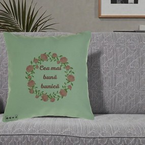 Cadou pentru Bunica - Perna Personalizata Cea Mai Buna Bunica Coronita Trandafiri Roz Clasic, 40x40 cm, Verde, Husa Detasabila, Perna Inclusa, BEKZ®