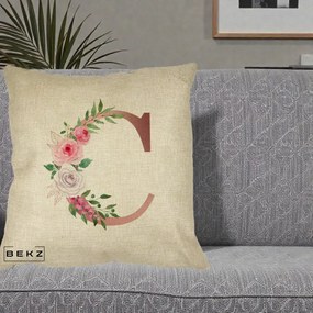 Cadou Personalizat - Perna Personalizata Monograma Rose Gold Litera C, 40x40 cm, Crem, Husa Detasabila, Perna Inclusa, BEKZ®