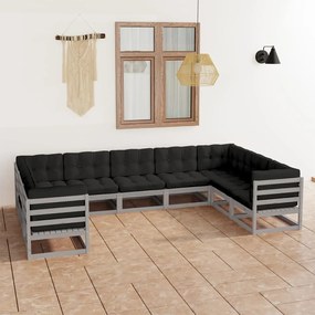 3077316 vidaXL Set mobilier grădină cu perne, 9 piese, gri, lemn masiv de pin