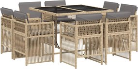 vidaXL Set de masă pentru grădină, 9 piese, cu perne, bej, poliratan
