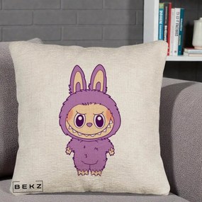 Perna Personalizata Labubu Violet Solo, 40x40 cm, Bej Canapea, Husa Detasabila, Perna Inclusa, BEKZ®