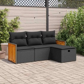 3326003 vidaXL Set mobilier de grădină cu perne, 4 piese, negru, poliratan