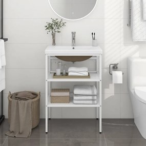 3101374 vidaXL Cadru lavoar baie cu chiuvetă încorporată, alb, fier
