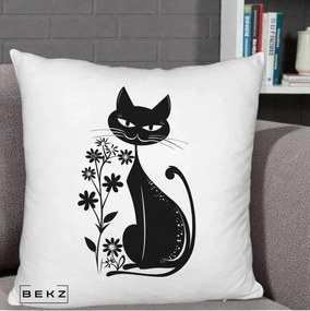 Perna Decorativa Pisica Neagra Grafica Minimalista, 40x40 cm, Alb Pufos, Husa Detasabila, Perna Inclusa, BEKZ®