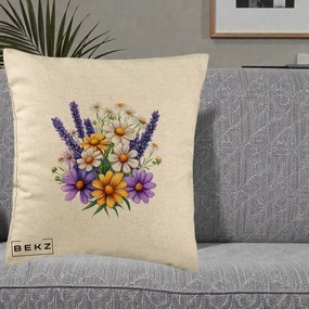 Perna Decorativa Lavanda Musetel si Flori Mov, 40x40 cm, Bej, Husa Detasabila, Perna Inclusa, BEKZ®