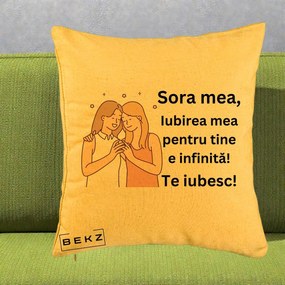 Cadou pentru Sora - Perna Personalizata Sora Mea Te Iubesc Imbratisare cu Sclipiri, 40x40 cm, Galben, Husa Detasabila, Perna Inclusa, BEKZ®