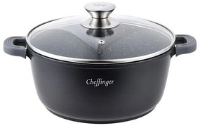 Cratita Cheffinger CF-DC20, 20 cm, 2.4 l, interior marmorat, capac sticla, manere silicon, Negru