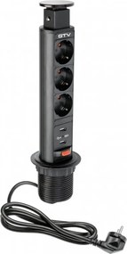 Priză încorporabilă în blat Elevator GTV, 3 prize Schuko, 2 x USB A, negru, D:60 mm Aluminiu, Negru, D:60 mm