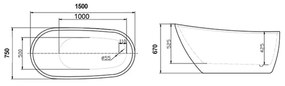 Cada baie freestanding alba, ovala, acril, 150 x 75 cm, Florida Natalia P-152 1500x750 mm