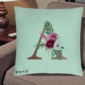 Cadou Personalizat - Perna Personalizata Monograma Rose Gold Litera A, 40x40 cm, Verde Menta, Husa Detasabila, Perna Inclusa, BEKZ®