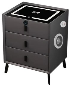 Noptieră inteligentă cu &icirc;ncărcare wireless, iluminare LED, 3 sertare, port USB și port Type-C, difuzor Bluetooth și &icirc;nchidere prin amprentă &ndash; culoare gri antracit, design modern din sticlă și lemn