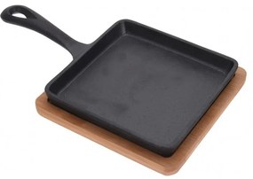 Tigaie tapas, patrat, fonta, suport bambus, 14 x 14 x 3.4 cm, lungime cu maner 24 cm