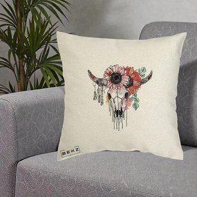 Perna Decorativa Craniu Boho Floral, 40x40 cm, Ecru, Husa Detasabila, Perna Inclusa, BEKZ®