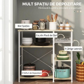 Raft de Bucatarie Cuptor cu Microunde, Dulap de Bucatarie cu 4 Rafturi cu Carlige si Cos Plasa, Lemn si Otel 90x40x84.5cm HOMCOM | Aosom RO