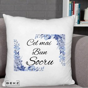 Cadou pentru Socru - Perna Personalizata Cel mai Bun Socru cu Flori Albastre Acuarela, 40x40 cm, Alb Pufos, Husa Detasabila, Perna Inclusa, BEKZ®