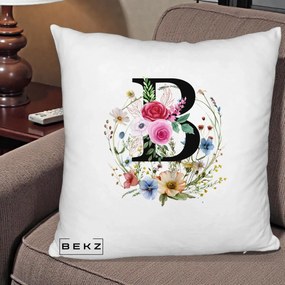 Cadou Personalizat - Perna Personalizata Monogram Litera B cu Flori Acuarela, 40x40 cm, Alb Pufos, Husa Detasabila, Perna Inclusa, BEKZ®