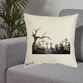 Perna Decorativa Halloween Cimitir Acuarela cu Dovleac, 40x40 cm, Ecru, Husa Detasabila, Perna Inclusa, BEKZ®