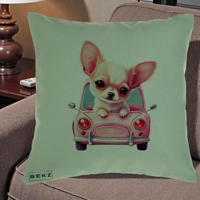 Perna Decorativa Chihuahua Roz in Masinuta, 40x40 cm, Verde, Husa Detasabila, Perna Inclusa, BEKZ®