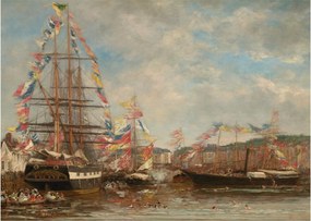 Tablou pe sticlă - Eugène Boudin, Festival in the Harbor of Honfleur, reproducere (70x50 cm)