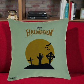 Perna Decorativa Happy Halloween Cimitir cu Luna, 40x40 cm, Verde, Husa Detasabila, Perna Inclusa, BEKZ®